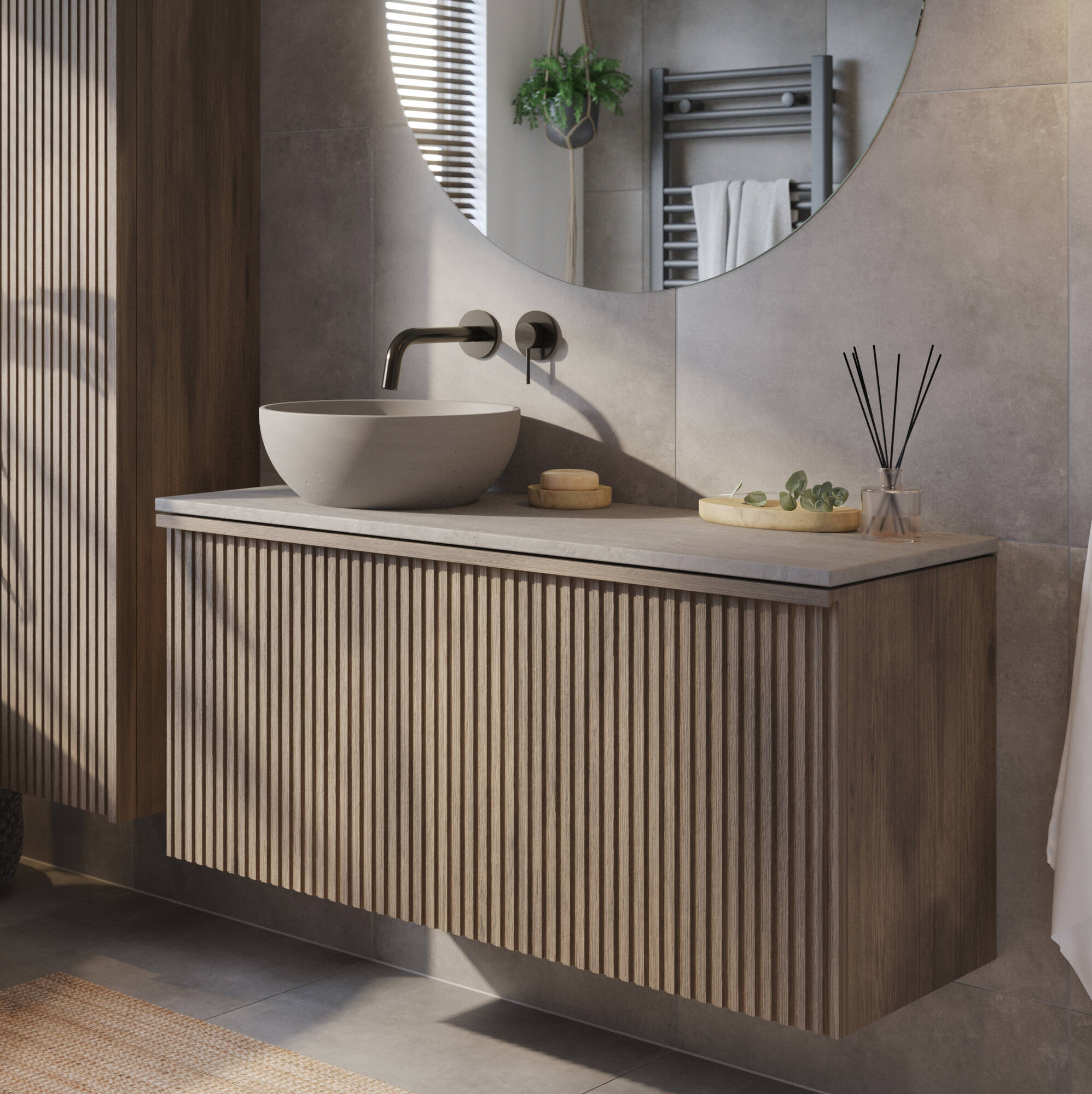 Ben Linea Badezimmermöbel mit grauem Betonwaschbecken 120cm links Eiche Grau
